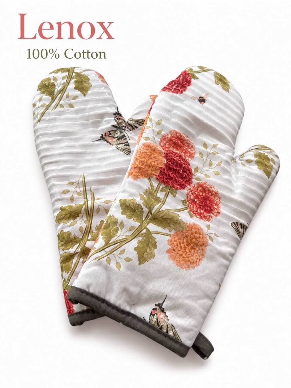 Lenox Butterfly Meadow Oven Mitt Set NWOT 100% Cotton Floral Bee Pair